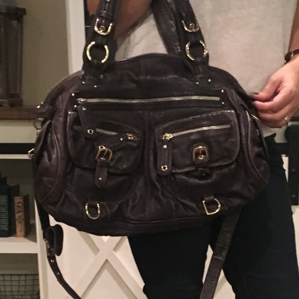 Purple leather handbag